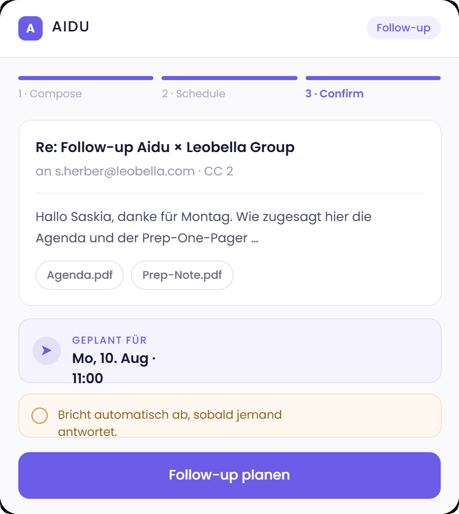 Aidu schreibt, plant und bestätigt das Follow-up